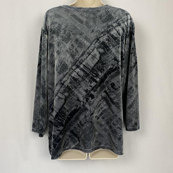 Chicos Top Size 3 Gray Black Stretch Velour Metallic Abstract Dressy Holiday XL - Picture 4 of 9